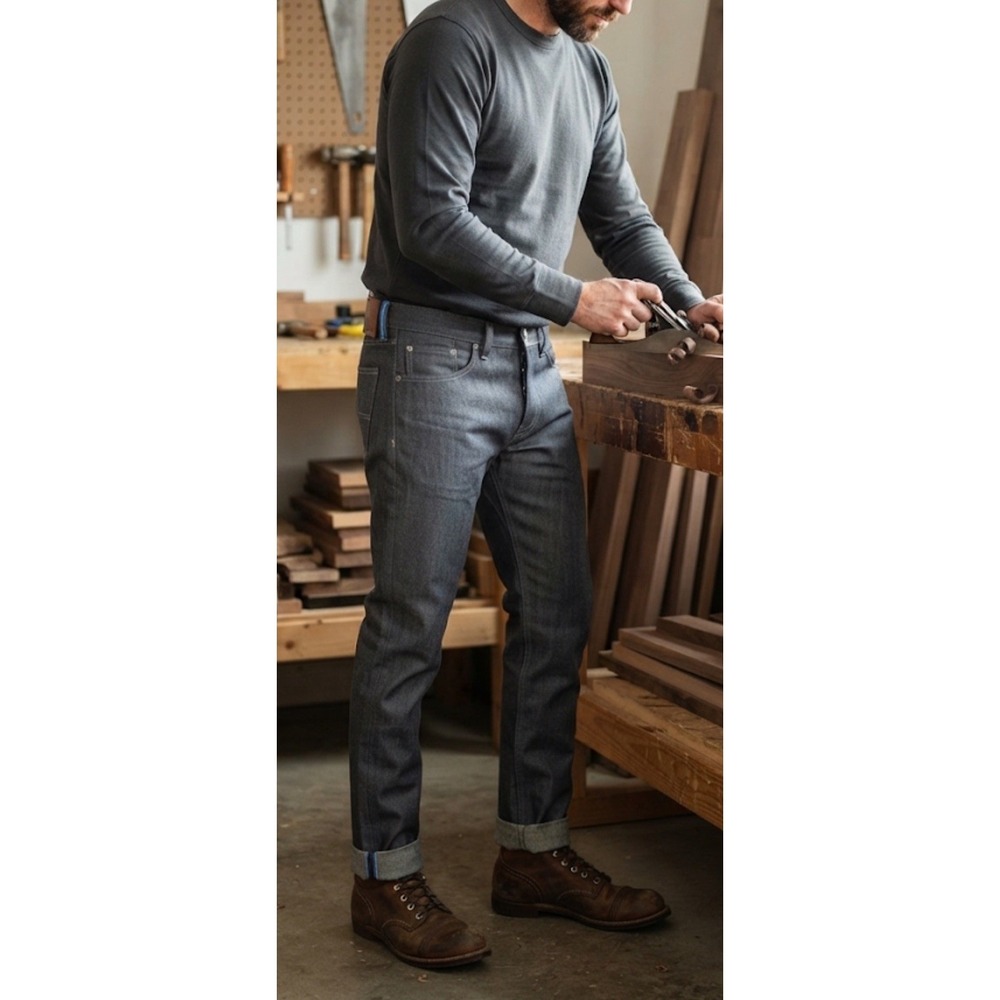 Gustin Selvedge Jeans Mens Sz 33 34x34 Gray Slim Button Fly Blue Line